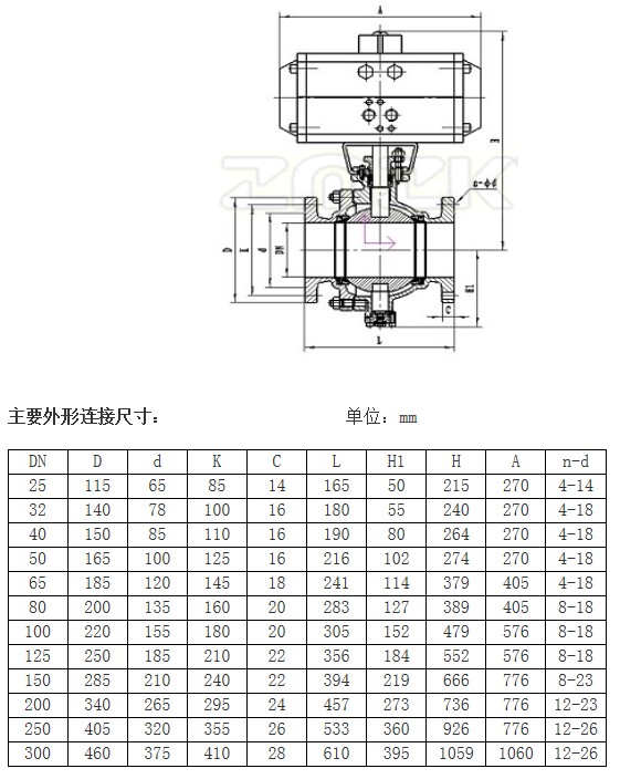 固定式气动球阀的外形尺寸图